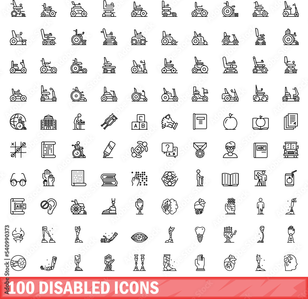 Poster 100 disabled icons set. Outline illustration of 100 disabled icons vector set isolated on white background - Posters