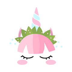 Unicorn face with pink hair and leaf crown cartoon illustration. Pretty magic animal head with horn and pink fringe or birthday decoration for cake on white background. Fantasy, dream concept