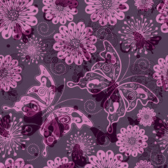 Fototapeta na wymiar Purple floral seamless pattern with butterflies. Vector eps 10