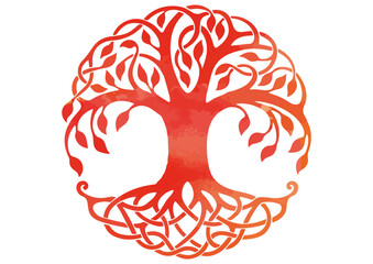 Painted tree of life. Watercolor tree of life isolated on white background. Red painted tree of life