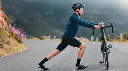 Man, bicycle and fitness stretching before cycling on road outdoor with training for race or...