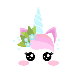 Cute unicorn face with pink hair and leaves cartoon illustration. Pretty magic animal head with blue horn and plants or birthday decoration for cake on white background. Fantasy, dream concept
