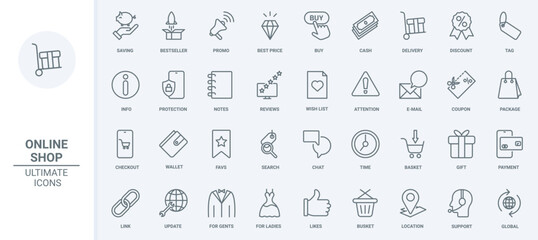Online shop, commerce thin line icons set vector illustration. Outline coupon for gifts and discounts tag, money savings protection and support, piggy bank for payment, info search for wish list