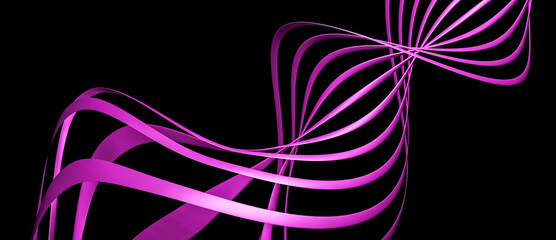 Abstract purple elegant twisted 3D spiral coil object with metallic lines or spokes and flowing curves wave shaped, sound wave or acoustic design background with copy space for text
