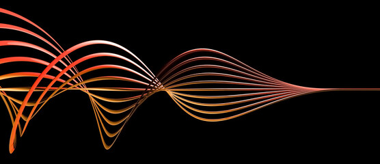 Abstract red elegant twisted 3D spiral coil object with metallic lines or spokes and flowing curves wave shaped, sound wave or acoustic design background with copy space for text