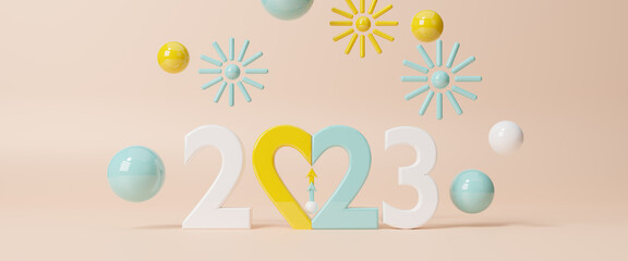 Happy New Year 2023 with fireworks. Countdown to 2023 concept. Futuristic modern abstract background, copy space, Celebration and party concept, design for greeting card. 3d rendering illustration