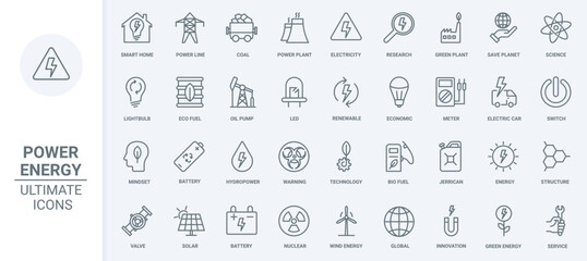 Obraz na płótnie Canvas Innovation researches in energy and power production thin line icons set vector illustration. Outline solar panel and wind mill, nuclear and water power plant, electric car, eco mindset to save planet