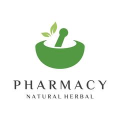 Pharmacy logo template design with bowl and pounded herbal medicine.Logos for medicine, doctor, hospital and pharmacy.