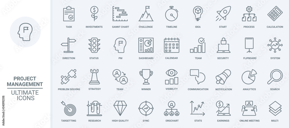 Poster Creative business strategy, project management thin line icons set vector illustration. Outline idea and plan for startup launch, success vision and solution of problem solving and finance investment