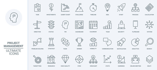 Naklejka na ściany i meble Creative business strategy, project management thin line icons set vector illustration. Outline idea and plan for startup launch, success vision and solution of problem solving and finance investment