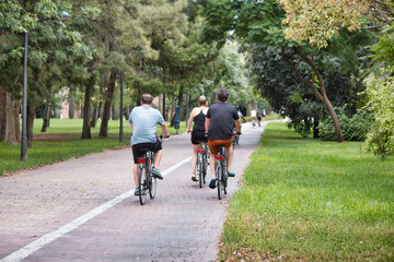 Naklejka premium Cyclists riding on bikes cycling on a cycle path in a public park in summer