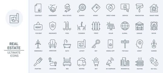 Naklejka na ściany i meble Real estate thin line icons set vector illustration. Outline houses purchase, mortgage agreement and insurance shield, advertising and search of family villa and home apartments for rent and sales