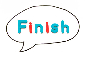 Alphabet letter with word finish in black line hand drawing as bubble speech on white board background