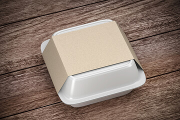 Disposable white food box container with craft cardboard paper cover label pack isolated - blank...