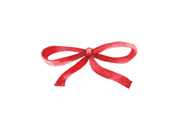 Red bow on isolated white background, watercolor illustration.