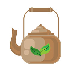 Teapot with leaves icon on it. Matcha tea in teapot. Vector illustration isolated on white background. Drink, culture concept.