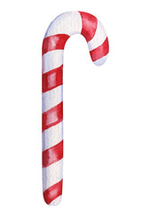 Red lollipop, cane candy. Christmas caramel on isolated white background, watercolor illustration.