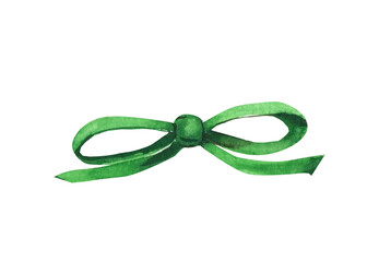 Green bow on isolated white background, watercolor illustration.