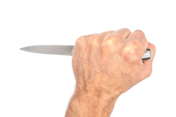 Criminal hand holding knife on white background. Strong male hand