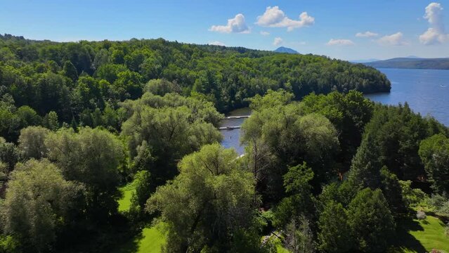 Lake Memphremagog aerial view in summer in Memphremangog Regional County Municipality RCM in Province of Quebec QC, Canada. 