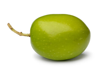 Single fresh raw green olive close up isolated on white background