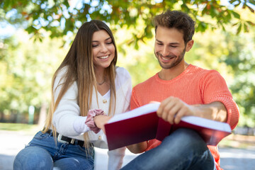 Male and female students studying together