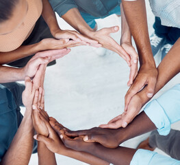 Teamwork, collaboration and circle of synergy hands, support and solidarity of trust, goals and...