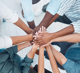 Partnership hands, motivation and team building trust for success, deal and support goals together. Closeup group business people, teamwork and winner achievement celebration, mission and diversity