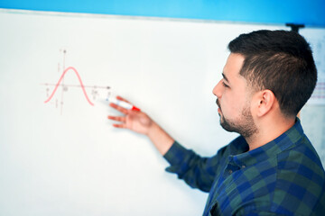 young latin male teacher or student looking at a white board and explaining the content