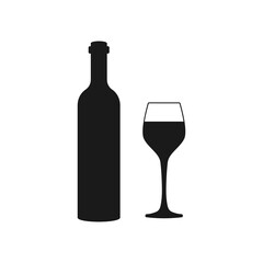 Wine bottle and glass silhouette vector illustration. Alcohol drink shape elements.