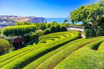 Normandy, France. The Etretat Gardens (Les Jardins D'Etretat) neo-futuristic garden with a view over the cliffs of the Alabaster Coast.