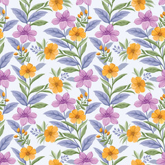 Blooming purple and yellow color flowers seamless pattern. Can be use for fabric, textile, wallpaper.