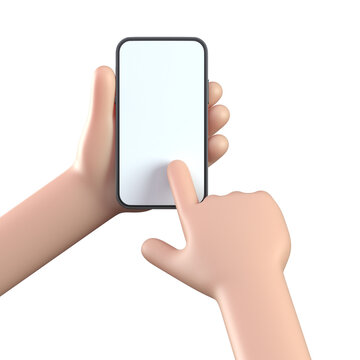 3d cartoon hands holding smartphone pointing finger on touchscreen, hands with mobile phone 3d rendering