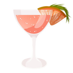 Flat illustration of a pink cocktail drink in a transparent glass goblet with grapefruit isolated on transparent background. Front view