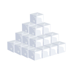 Pile of white cube sugar. Cubes of sugar stacked up in pile. Vector illustration isolated in white background. Sweet food, sucrose concept.