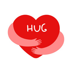 Heart hugging hands isolated on white background. Hand drawn illustration.