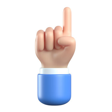 Cartoon 3d hand pointing finger up, number one hand gesture 3d rendering