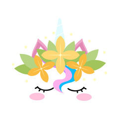 Unicorn face with colorful hair and leaves cartoon illustration. Cute funny magic animal head with blue horn and flowers or birthday decoration for cake on white background. Fantasy, dream concept