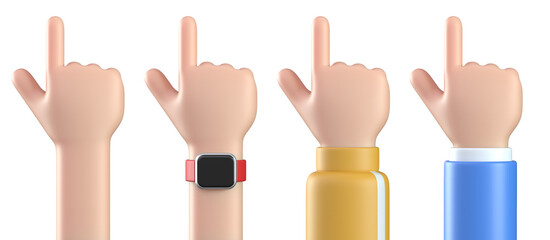 3d cartoon hands pointing index finger, touch screen interaction, pressing buttons, clicking icons, 3d rendering