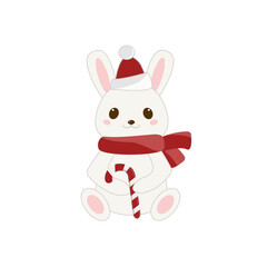 Christmas bunny in santa hat with lollypop. Chinese New year 2023 symbol. Vector illustration in cartoon style. 