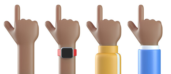 3d cartoon hands pointing index finger, touch screen interaction, pressing buttons, clicking icons, 3d rendering