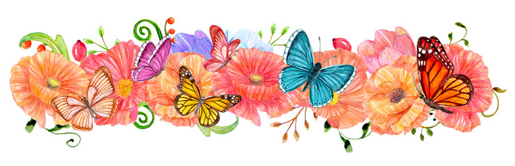 colorful floral border with butterflies. poppy flowers. watercolor painting