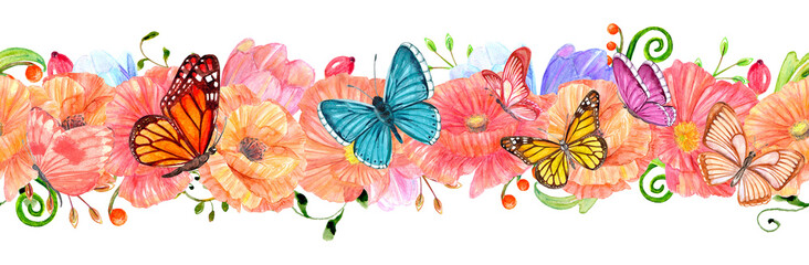 romantic floral seamless border with butterflies. watercolor painting. png