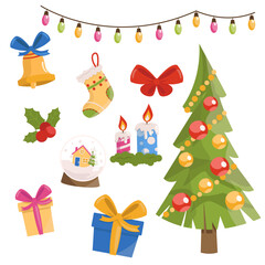 Many New Year and Christmas elements. Vector graphic.	