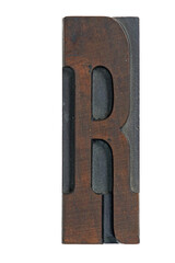 Isolated vintage antique wood letterpress type capital R