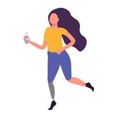 Vector flat illustration of active woman with prosthesis jogging and bottle of water
