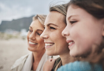 Happy family, travel and girl, mother and grandma bonding on a beach in mexico, happy and relax while smiling on vacation. Love, family and generations with face of ladies enjoy ocean view together