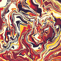 Fluid art texture. Abstract background with swirling paint effect.  Liquid acrylic picture that flows and splashes. Mixed paints for interior poster. Yellow, brown and red iridescent colors