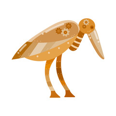 Mechanical stork cartoon illustration. Robotic bird toy isolated on white background. Metal electronic pet cyborg or futuristic monster. Robots, future concept