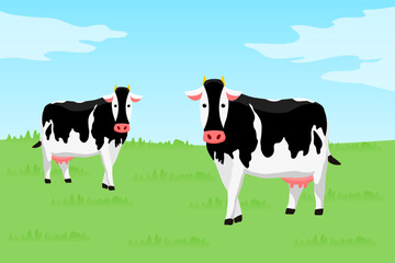 Black and white cows in a grassy field. Vector illustration in cartoon flat design style